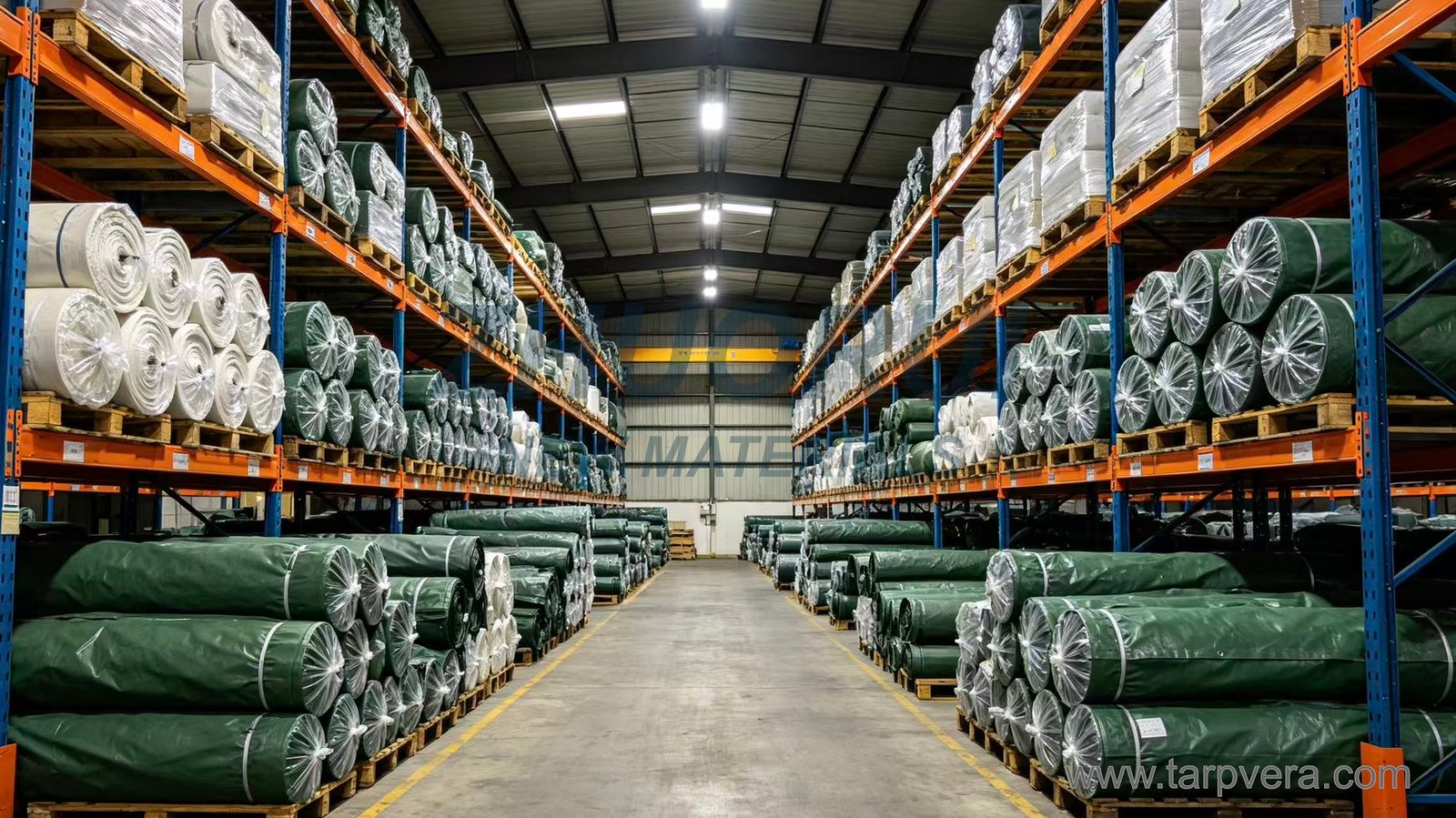 TarpVera warehouse with stored fabric rolls