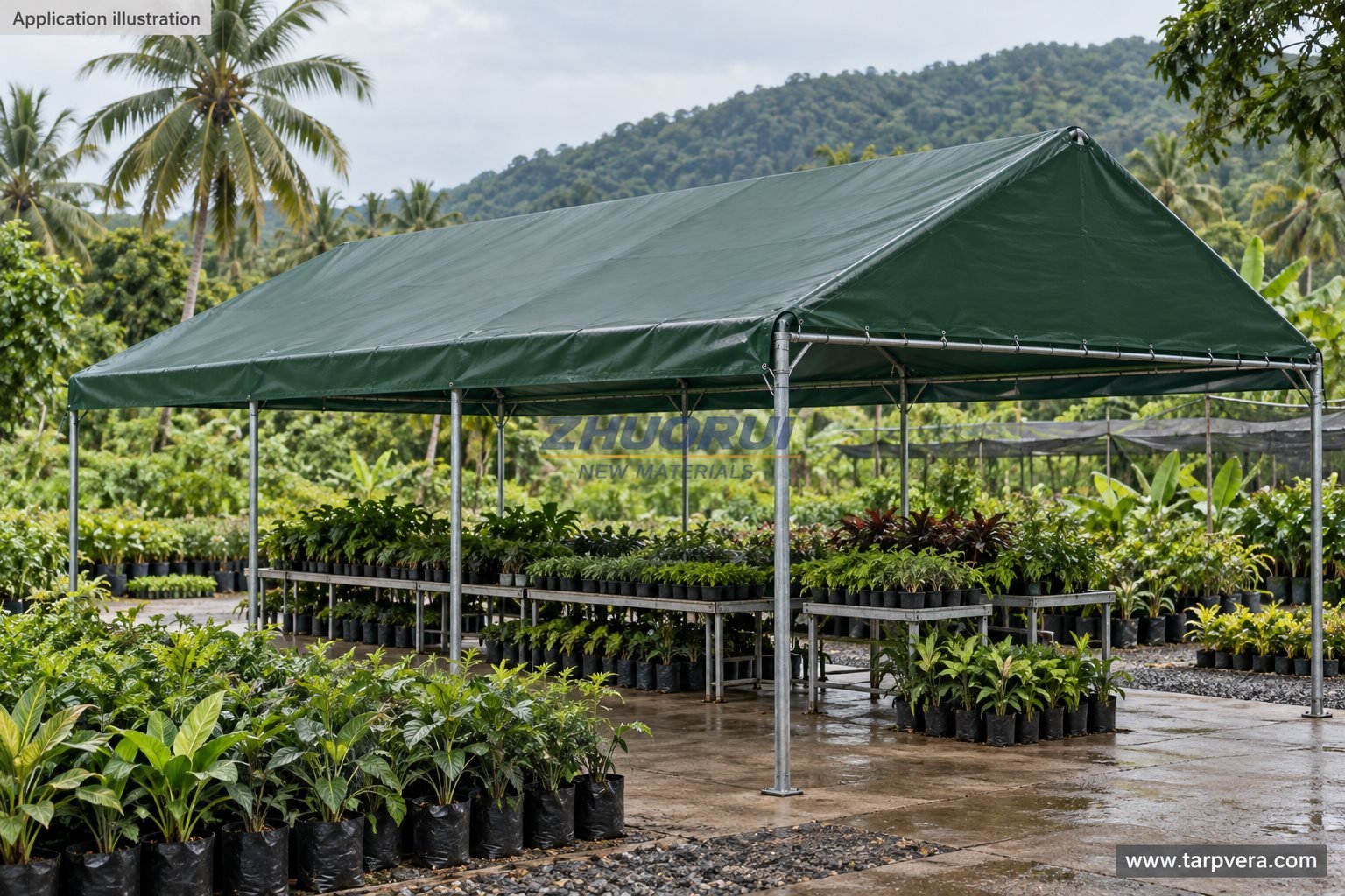 Illustration of a green PVC canopy over an open-sided nursery
