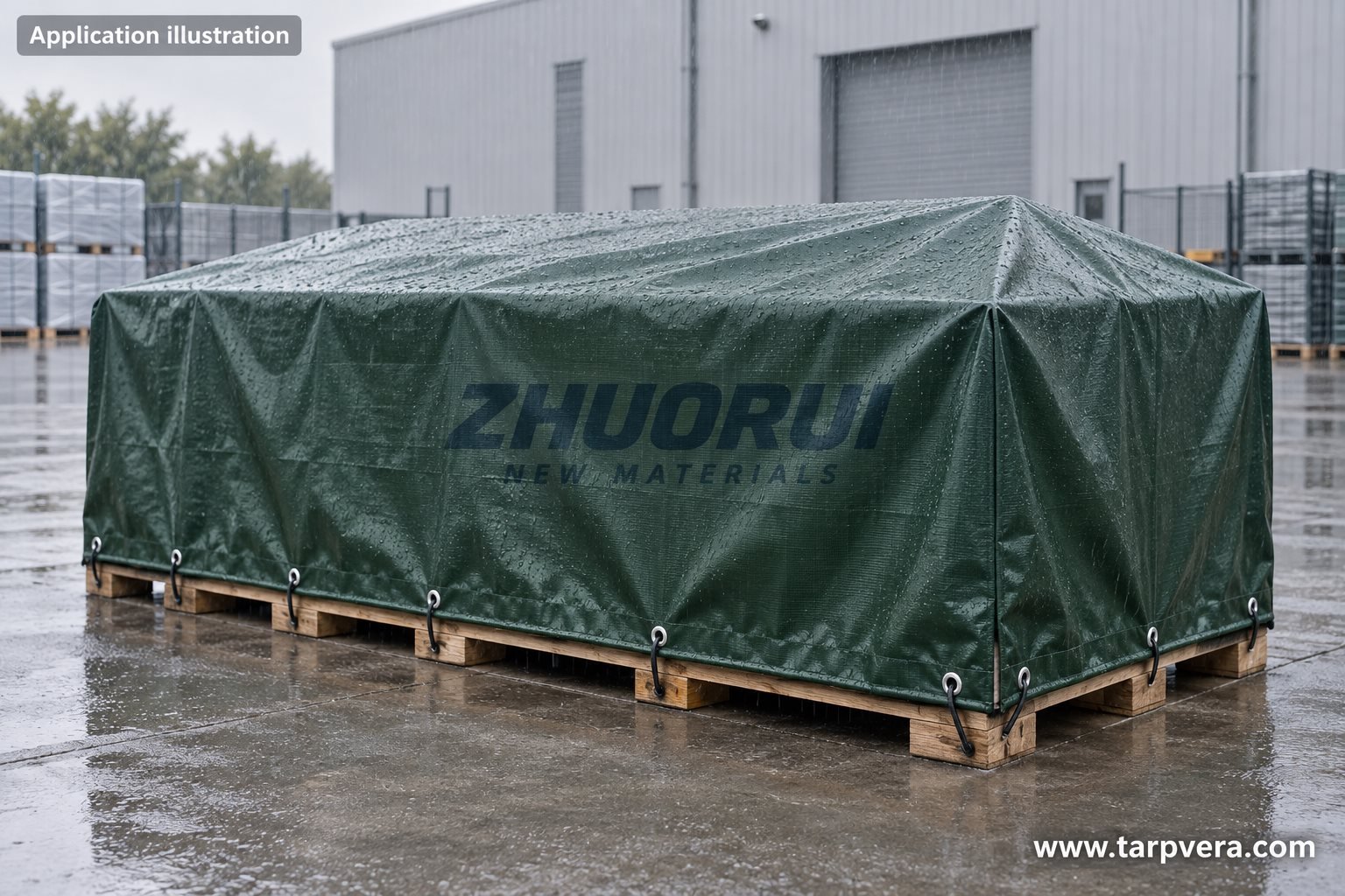 Illustration of a green PVC tarpaulin covering palletised outdoor goods
