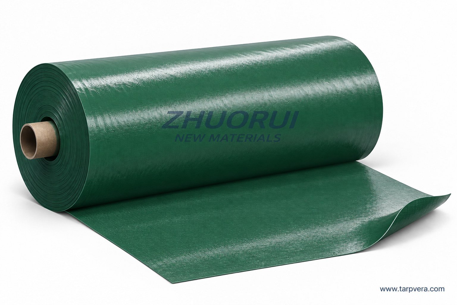 Illustration of a green PVC tarpaulin roll with an exposed cardboard core and a partly unrolled fabric corner
