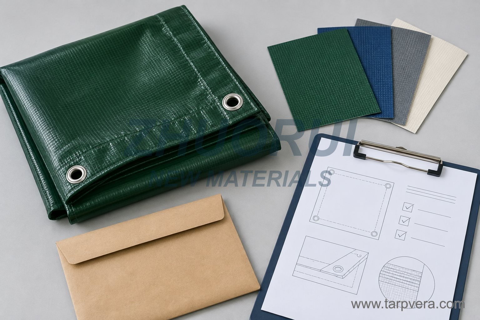 AI illustration of PVC fabric samples, colour swatches and an approval drawing
