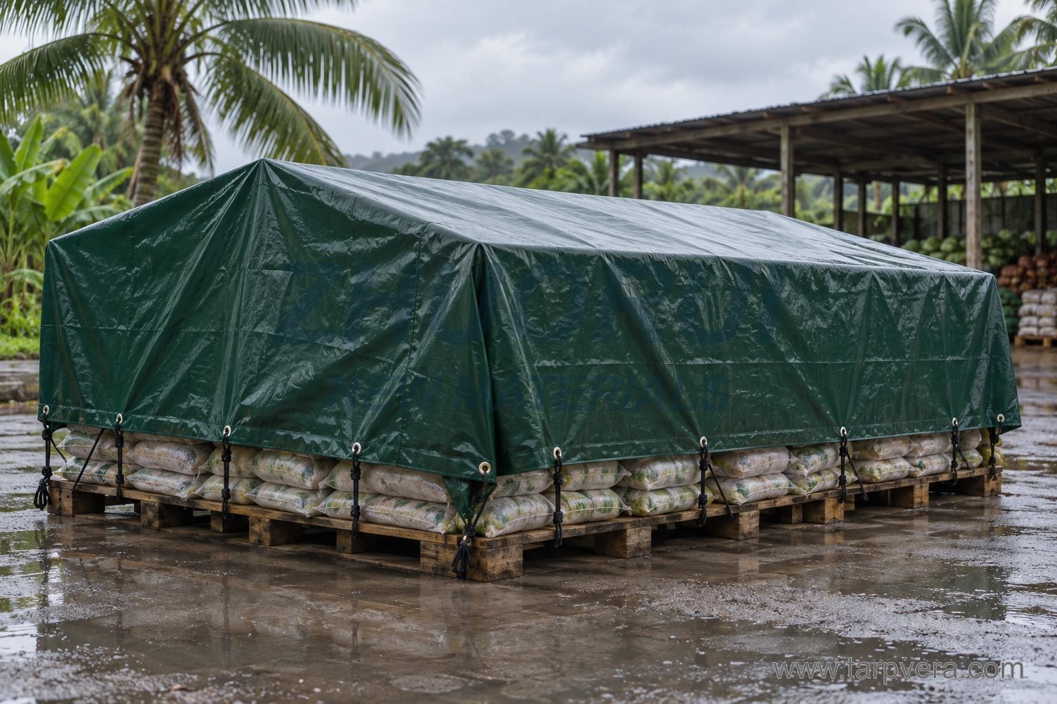 AI application illustration of a green PVC cover over palletised goods in a tropical yard