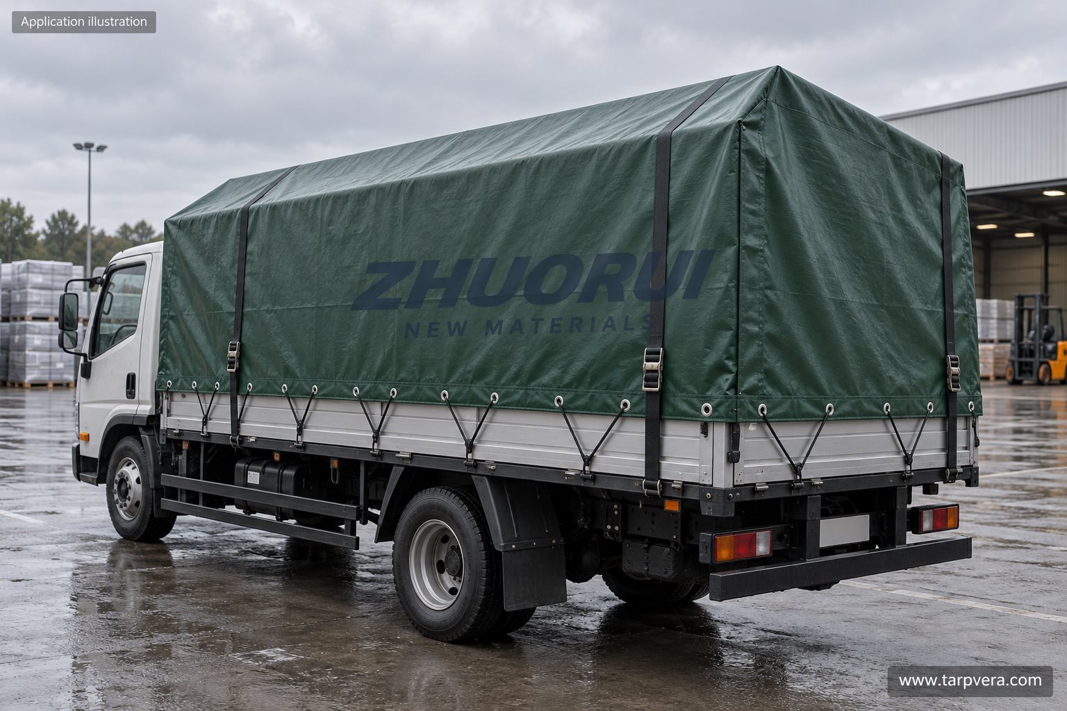 Illustration of a green PVC tarpaulin covering truck cargo